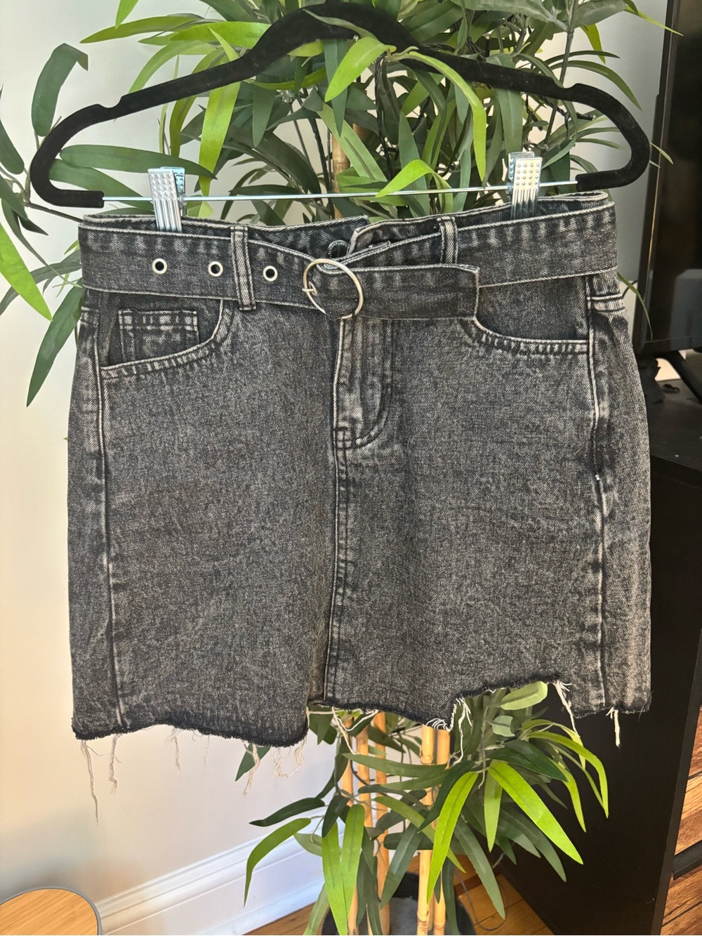 Complices Acid Wash Black Denim Mini Skirt with O-Ring Belt